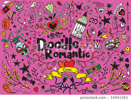 Big set of romantic style hand drawn elements - Stock Illustration ...