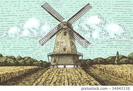 Windmill landscape in vintage, retro hand drawn or Windmill landscape in vintage, retro hand drawn or 34943138