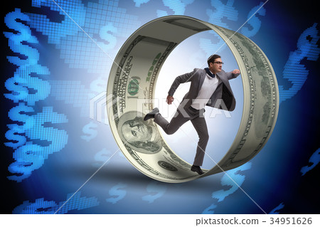 Businessman in hamster wheel chasing dollars Businessman in hamster wheel chasing dollars 34951626