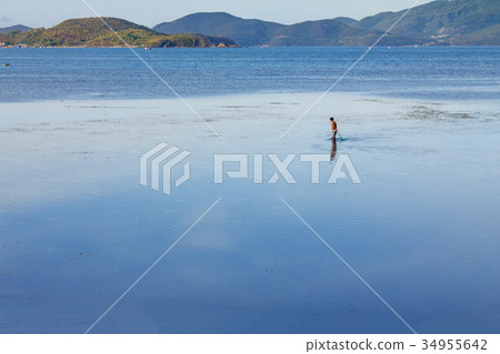 Fishermen are fishing at a lagoon in Phuoc Dong 34955642