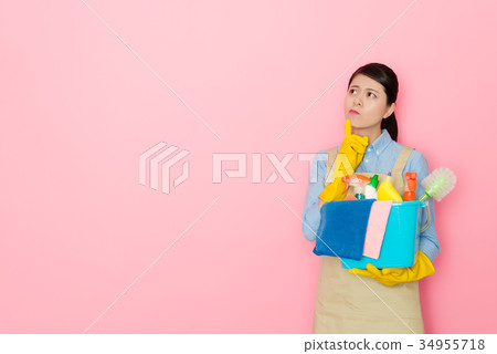 pretty female cleaner worker carrying washing tool pretty female cleaner worker carrying washing tool 34955718