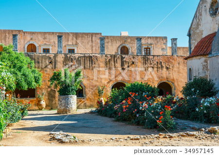 The courtyard of Arkadi Monastery on Crete, Greece The courtyard of Arkadi Monastery on Crete, Greece 34957145