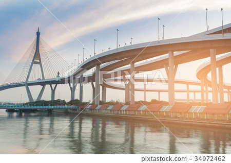 Suspension bridge and highway intersection 34972462