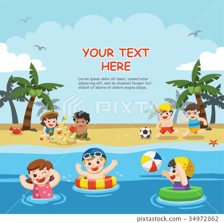 Happy kids play and swim at the beach. 34972862