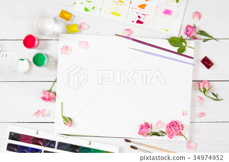 Sketchbooks, brushes watercolor paints and palette Sketchbooks, brushes watercolor paints and palette 34974952