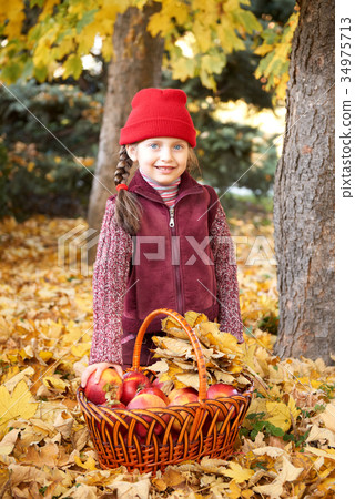 girl in autumn forest, yellow leaves and trees 34975713