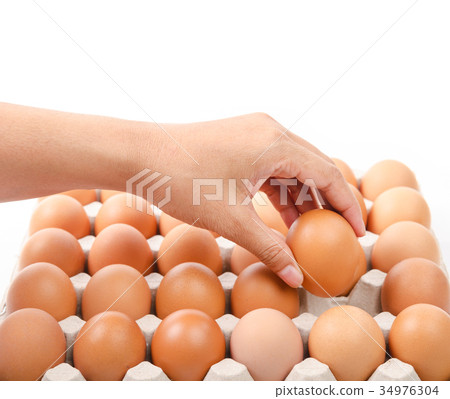 Person choosing the best egg from a carton of eggs Person choosing the best egg from a carton of eggs 34976304