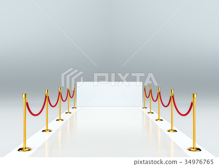 White carpet with barrier. White empty pedestal 34976765