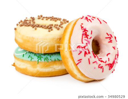Three donuts with decorated sprinkles Three donuts with decorated sprinkles 34980529