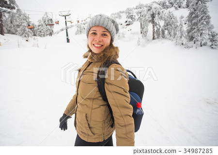 Happy girl on winter nature background. Winter Happy girl on winter nature background. Winter 34987285