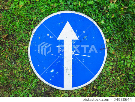 Ahead only, blue road sign lays on grass Ahead only, blue road sign lays on grass 34988644