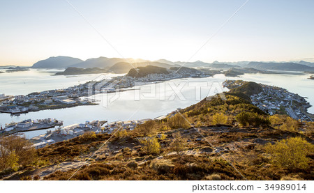 Alesund skyline panorama at sunrise Alesund skyline panorama at sunrise 34989014