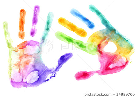 Multicolored hand prints on white Multicolored hand prints on white 34989700