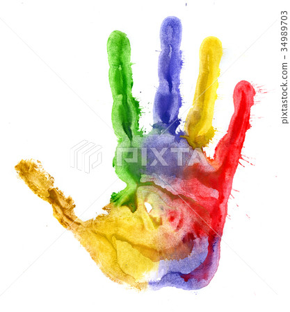 Close-up of colored hand print on white background Close-up of colored hand print on white background 34989703