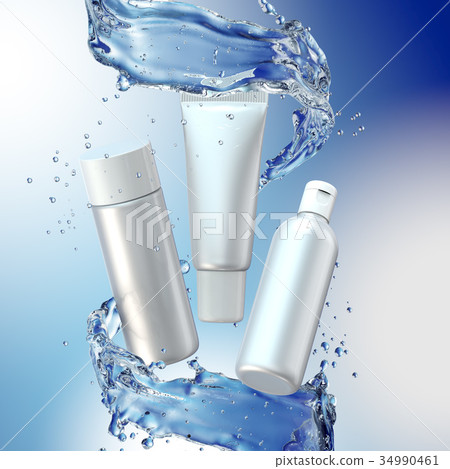Cream bottle mock up in water splash on blue 34990461