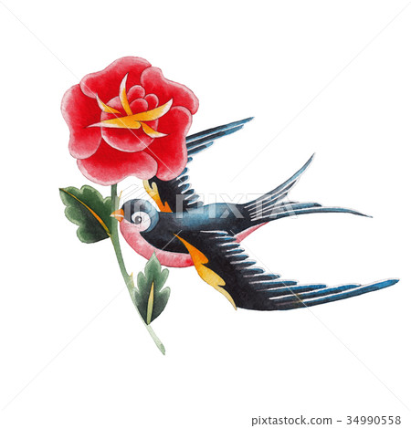 Watercolor swallows carrying flower 34990558