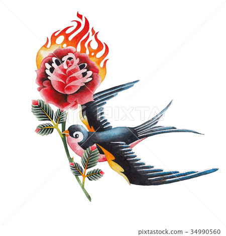 Watercolor swallows carrying flaming flower 34990560