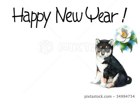 新年的卡片明信片材料黑色藤條水平型與狗的歌曲 新年的卡片明信片材料黑色藤條水平型與狗的歌曲 34994734