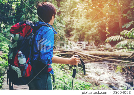 Tourist trail hiking in the forest Traveler Man  35004098