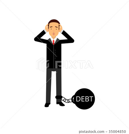 Sad businessman character with a big debt weight Sad businessman character with a big debt weight 35004850