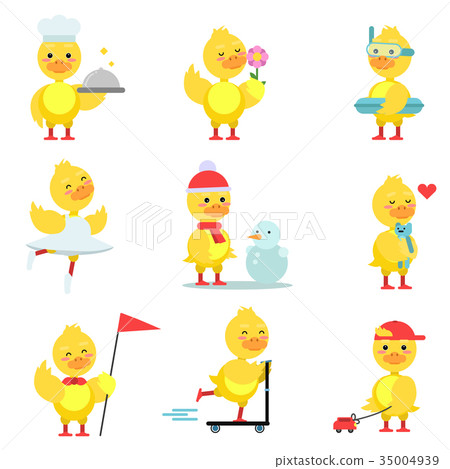 Funny duckling characters set, cute yellow duck in 35004939