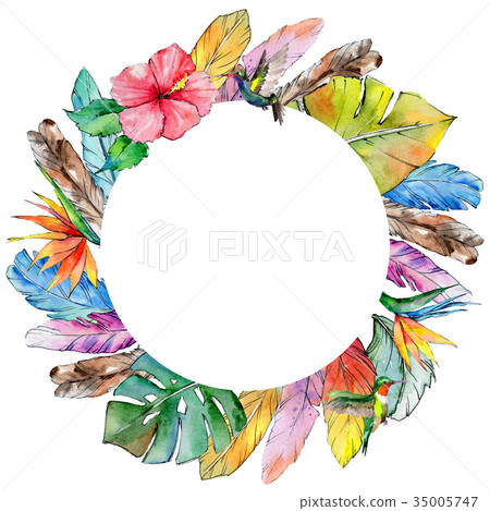 Watercolor bird feather frame from wing. 35005747