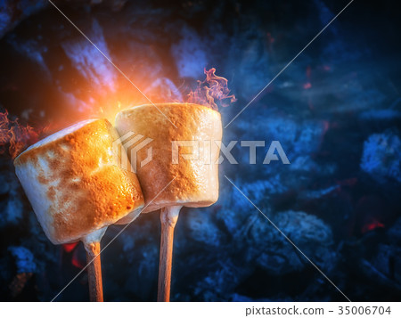 Two brown sweet marshmallows roasting over fire Two brown sweet marshmallows roasting over fire 35006704