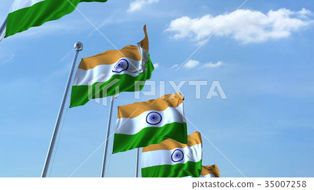 Row of waving flags of India agaist blue sky, 3D Row of waving flags of India agaist blue sky, 3D 35007258