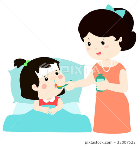 Mother giving daughter medicine vector. 35007522