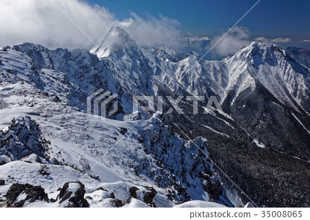 從Yukugayama Yatsugatake山脈和Yokodake到Akatake和Mt. Amidake的方向 從Yukugayama Yatsugatake山脈和Yokodake到Akatake和Mt. Amidake的方向 35008065