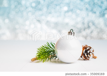 group of white christmas glossy ball on table group of white christmas glossy ball on table 35009169