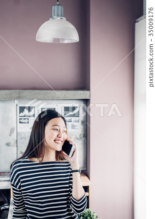 Asia businesswoman owner talking on mobile Asia businesswoman owner talking on mobile 35009176