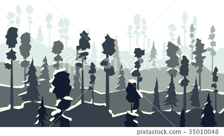 Cartoon of winter coniferous forest. Cartoon of winter coniferous forest. 35010048