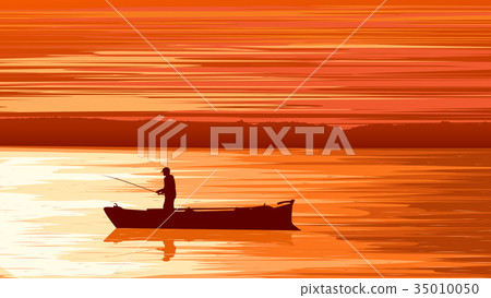 Vector fisherman against orange sunset. Vector fisherman against orange sunset. 35010050