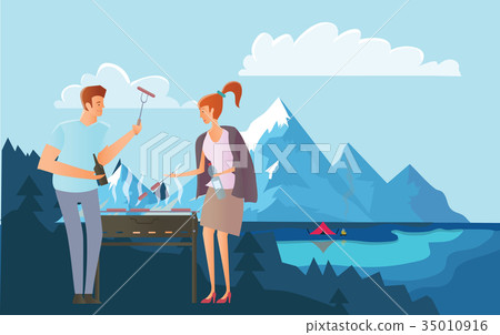 People on picnic or Bbq party in the mountains 35010916