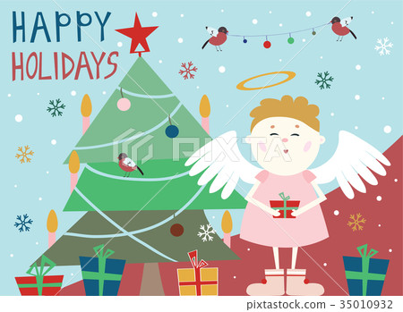 Angel near a Christmas tree with gift box 35010932