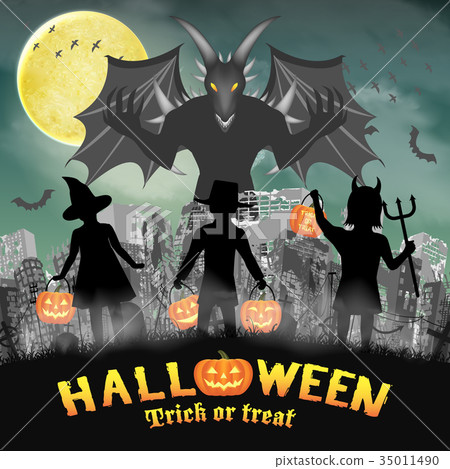 halloween kids in front of giant monster over city 35011490