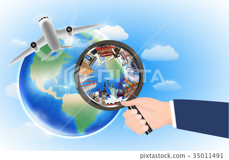 world landmark in magnifying glass with airplane 35011491