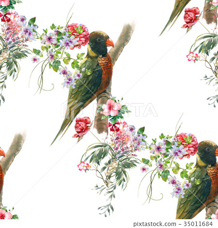 Watercolor Painting With Birds And Flowers Patter Stock Illustration 35011684 Pixta