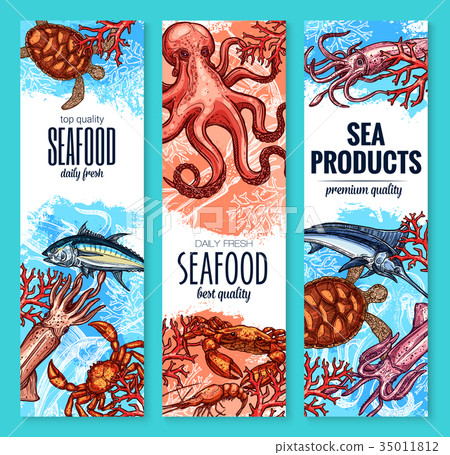 Seafood Fish And Sea Product Sketch Banner Set Stock