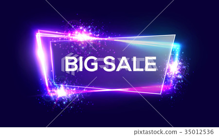 Big sale banner on neon background with glass 35012536