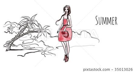 Young girl in red dress on sea beach, palm trees Young girl in red dress on sea beach, palm trees 35013026