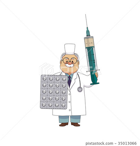 vector flat male doctor with huge syringe, pills vector flat male doctor with huge syringe, pills 35013066