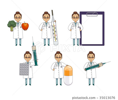 Flat set of woman doctor with huge medical objects - Stock Illustration ...
