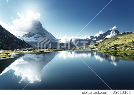 Reflection of Matterhorn in lake, Zermatt, Switzerland 35013303