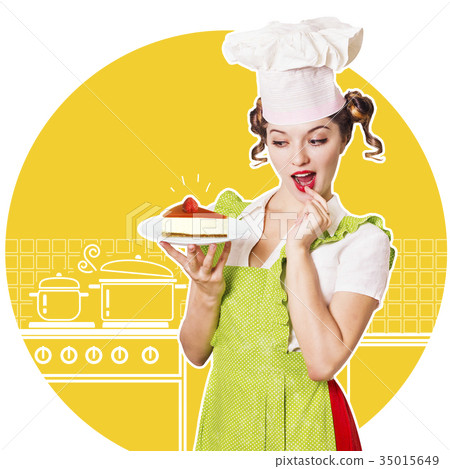 woman chef and sweet cheesecake in her hand.Collage kitchen bac woman chef and sweet cheesecake in her hand.Collage kitchen bac 35015649