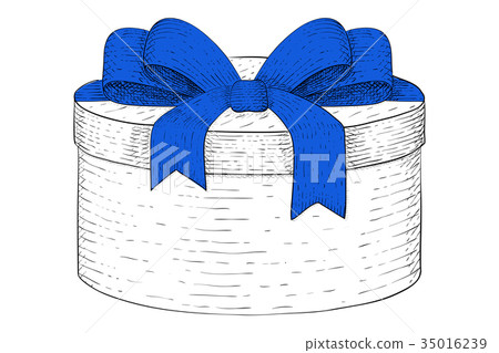 Round box with blue ribbon bow. Hand drawn sketch 35016239