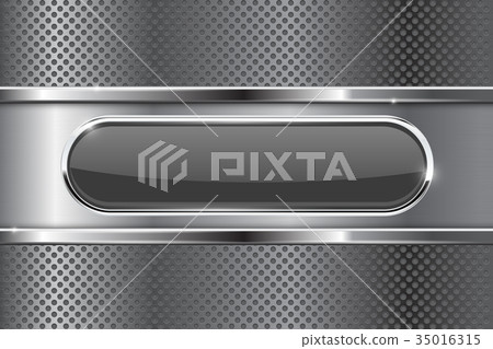 Black oval button on metal background Black oval button on metal background 35016315