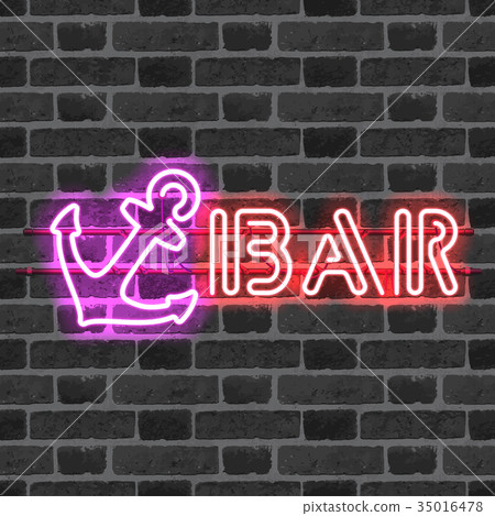 Glowing neon bar sign with purple anchor 35016478