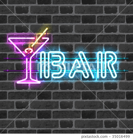 Glowing neon bar sign with martini glass Glowing neon bar sign with martini glass 35016499